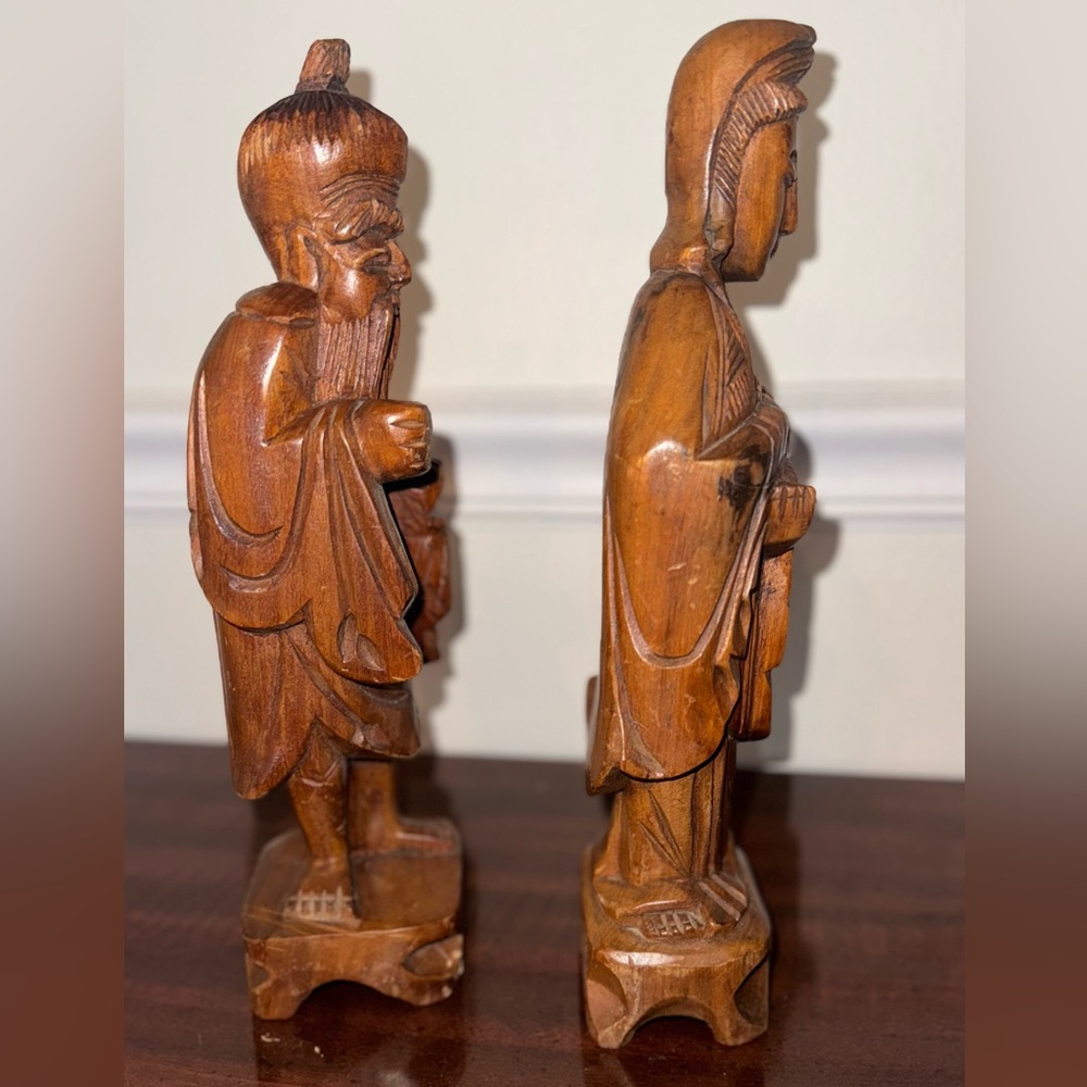 Vintage Hand-Carved Wooden Asian Figurine Pair – Monk & Goddess Statues - Picture 5 of 6